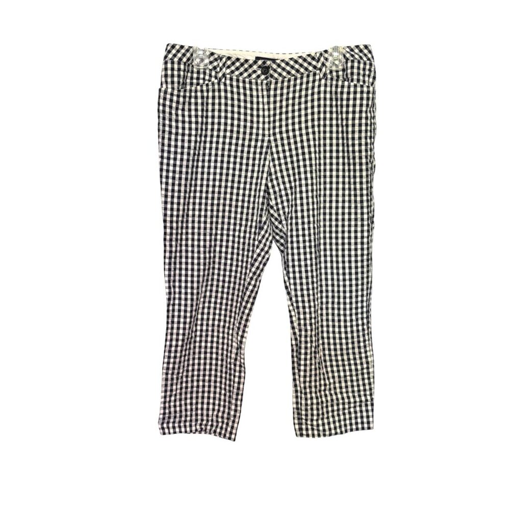 Lands End Women 8P Mid Rise Straight Leg Gingham‎ Seersucker Pants Black & White